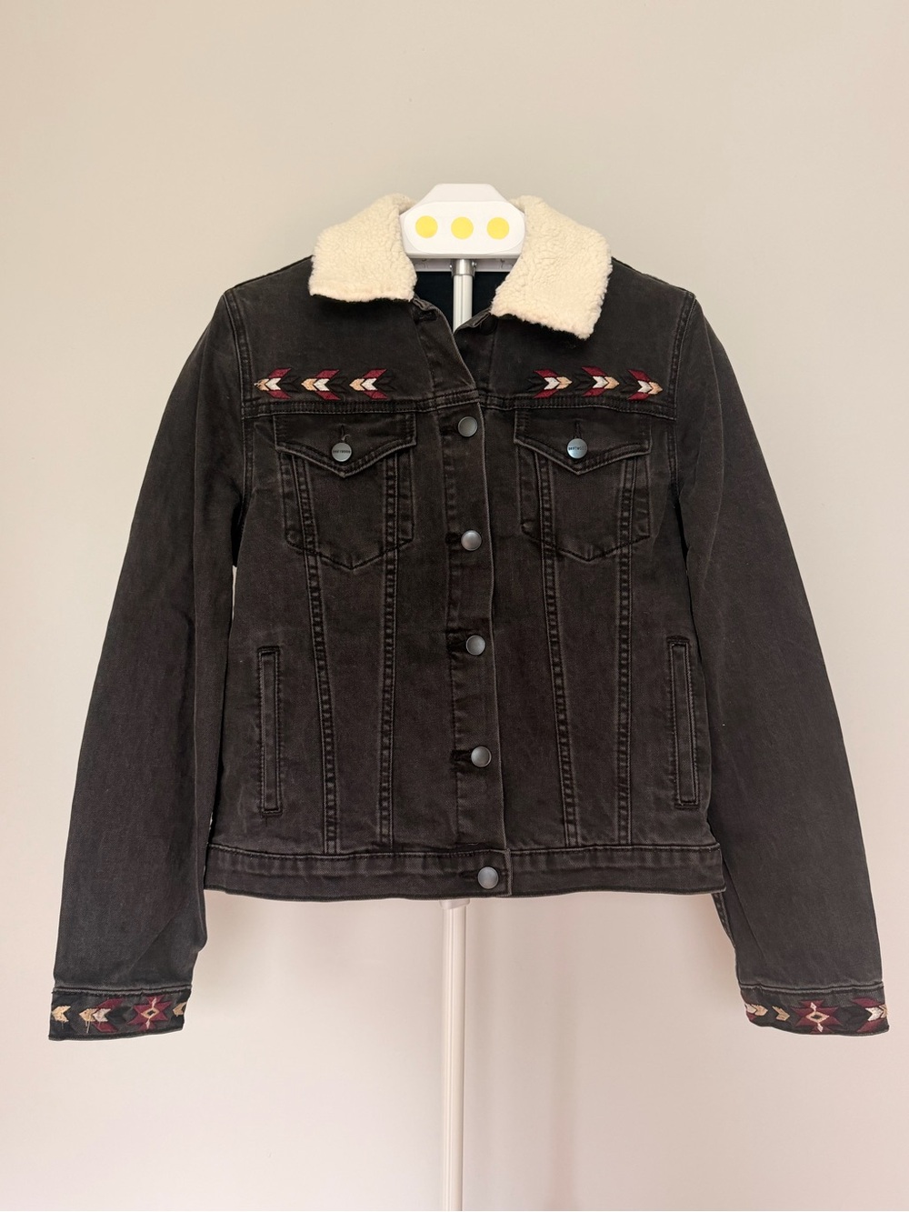 DRIFTWOOD Black Denim Jacket with Cream Sherpa Collar and Embroidered Trim